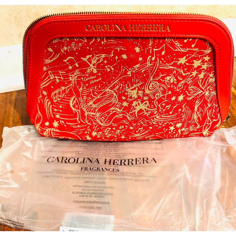 NEW Carolina Hererra Holiday Edition Cosmetic Red Gold Celestial Motif Pouch